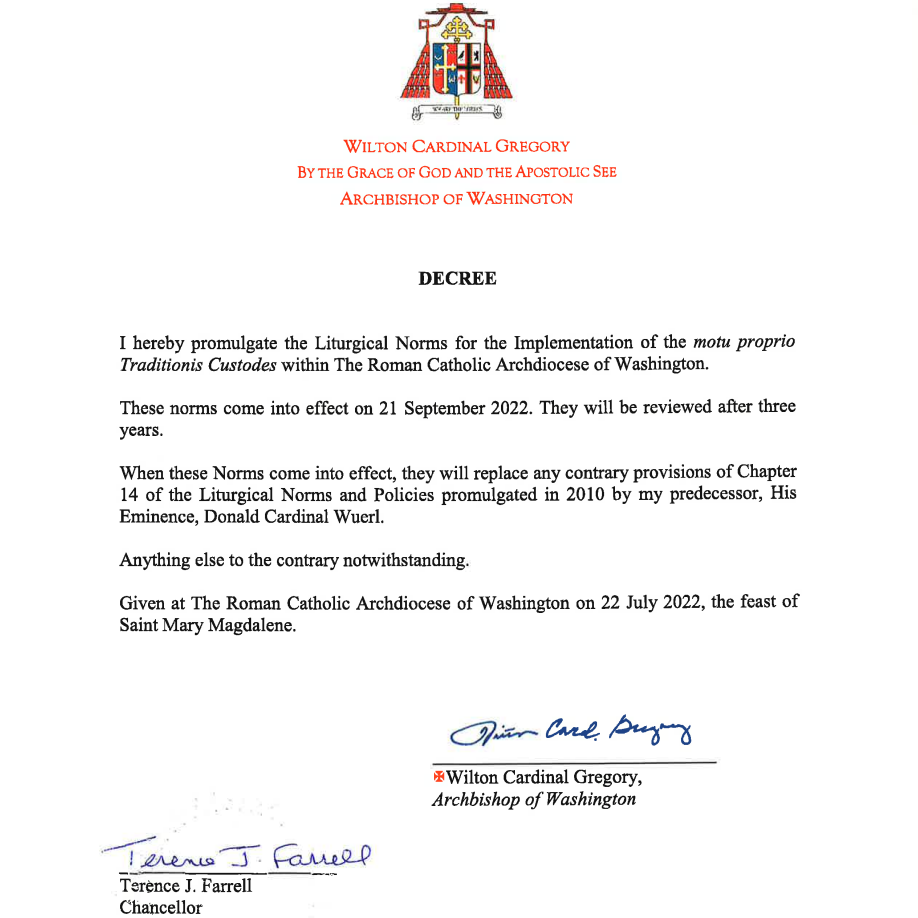 Cardinal Gregory issues liturgical norms for Latin Mass in DC