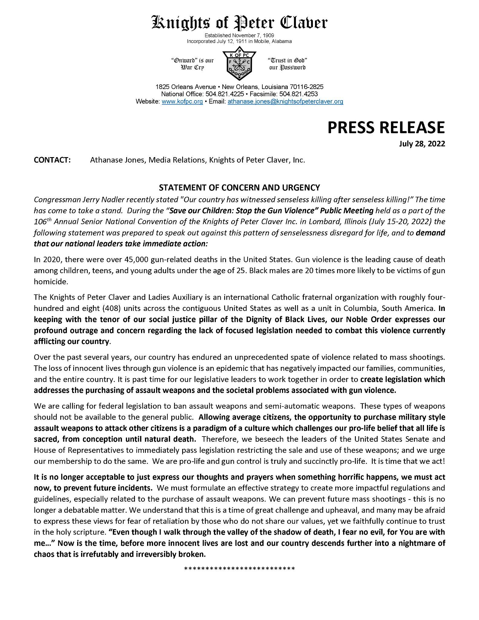 Knights of Peter Claver release statement on gun violence
