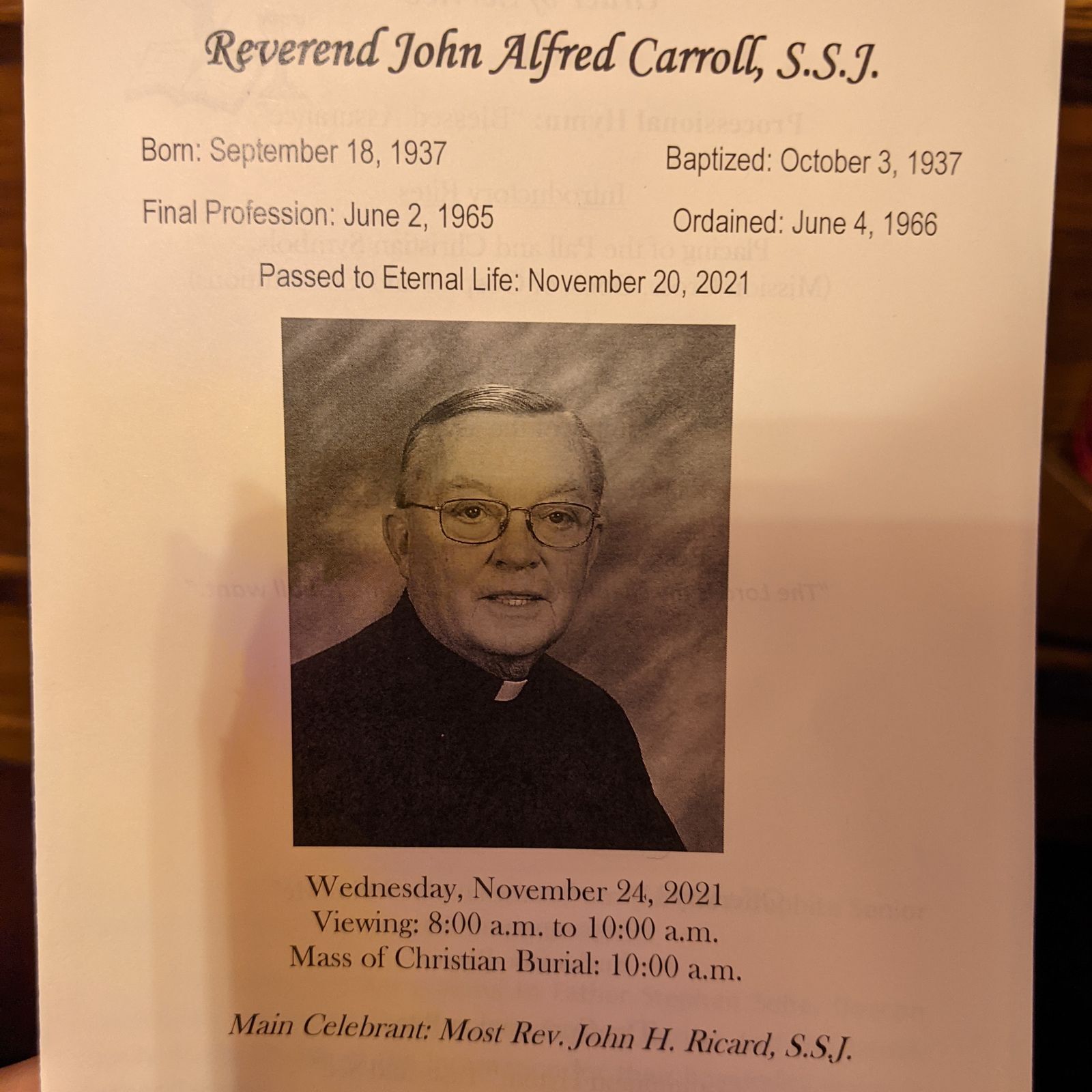 Josephite priest John Carroll, SSJ dies at 84